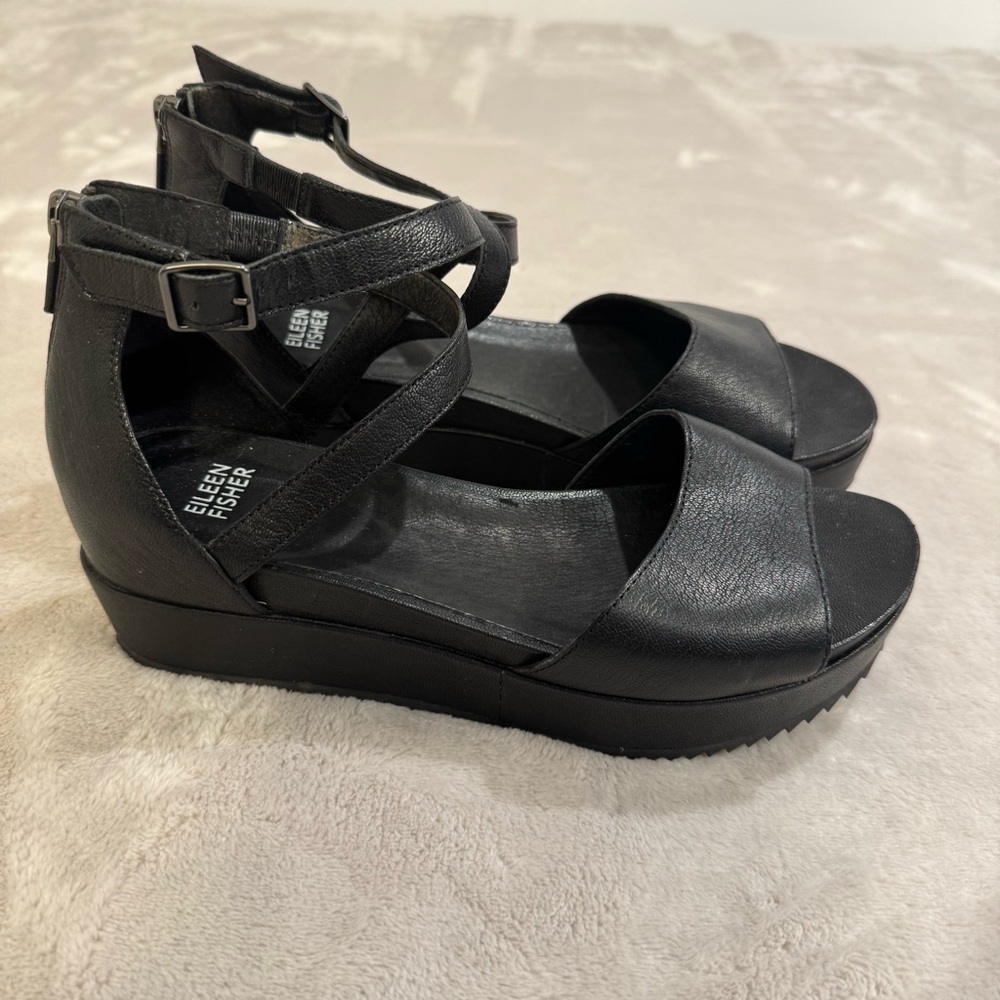 Eileen Fisher Black Strappy Wedge Sandals